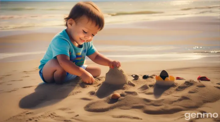 Toddler building sandcastles on a sunny beach, with a smiling crab and seagull friends in the background