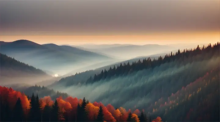 An forest view from afar with the horizon hazy and blurred, imparting a dreamy quality to the scene