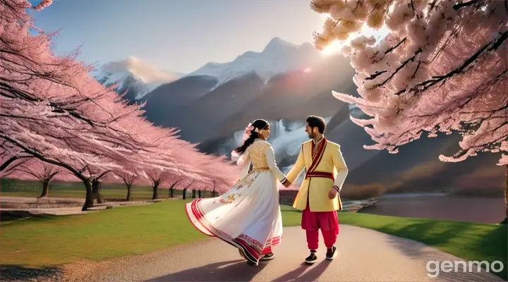 Young Pakistani couple with the snow-capped mountains in the background, walk in the middle of a cherry blossom garden with a waterfall nearby