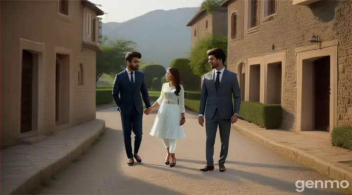 8k wide shot of a young Pakistani couple walking through a modern, beautiful village. The boy, in a fitted blazer and trousers, shyly tries to make conversation with the girl, who is dressed in a chic dress and heels. The village features cobblestone paths, contemporary houses with large windows, and lush gardens filled with blooming flowers. Butterflies flutter around, adding a romantic touch to the serene and picturesque atmosphere as they stroll side by side.








