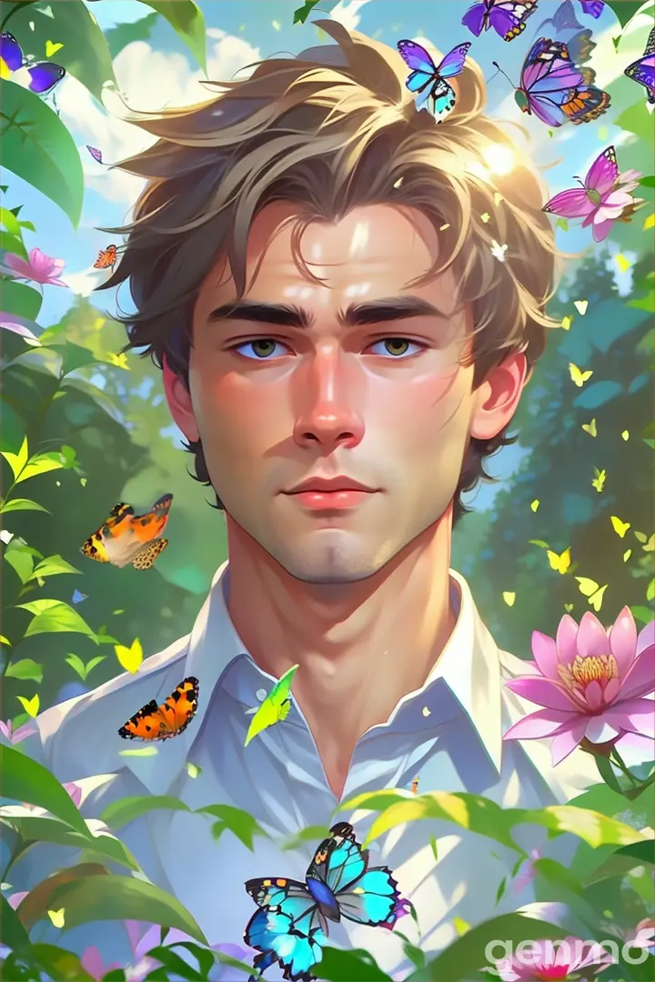 Man standing in a desert oasis surrounded by a kaleidoscope of colorful butterflies