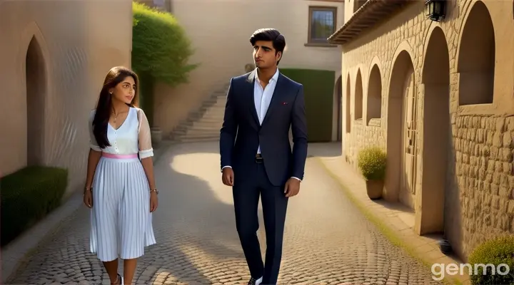 8k shot : a young Pakistani couple walking through a modern, beautiful village. The boy, in a fitted blazer and trousers, shyly tries to make conversation with the girl, who is dressed in a chic dress and heels. The village features cobblestone paths, contemporary houses with large windows, and lush gardens, creating a serene and picturesque atmosphere.