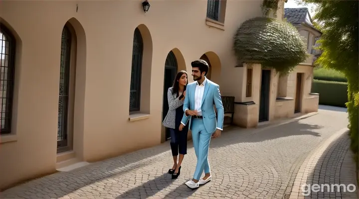 8k shot : a young Pakistani couple walking through a modern, beautiful village. The boy, in a fitted blazer and trousers, shyly tries to make conversation with the girl, who is dressed in a chic dress and heels. The village features cobblestone paths, contemporary houses with large windows, and lush gardens, creating a serene and picturesque atmosphere.