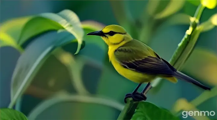 a small yellow bird sitting on top of a green plant