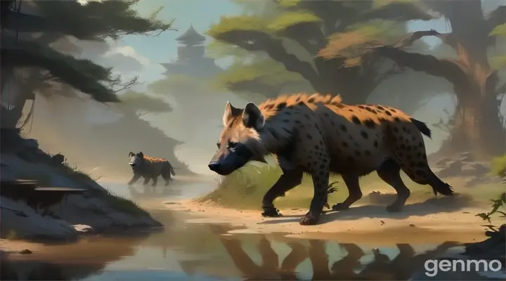 The hyena returning to Bakame's pond, with Bakame warning it away.