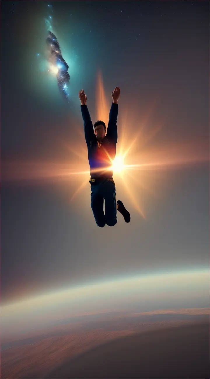 Man starts flying from earth. By using superpowers leaving earth going to space 