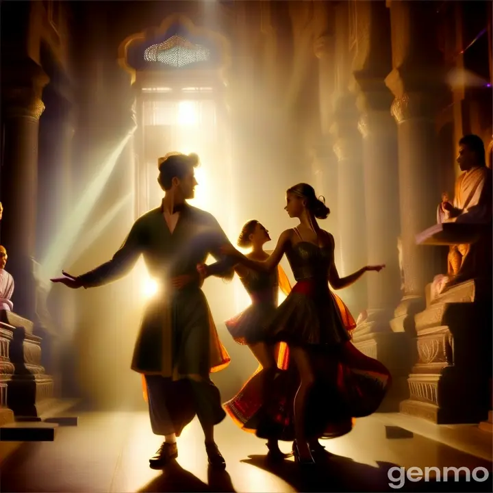 a man and a woman dancing in a dark room in cinematic 