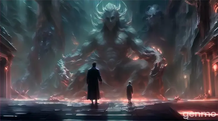 A chilling depiction of Harriom in a dark, claustrophobic chamber, with spectral chains binding him, and Bhairav’s shadow looming over him.