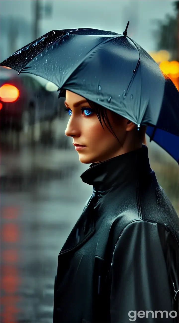 A solitary figure with deep blue eyes and a black coat walking away into a blur of rain and fog