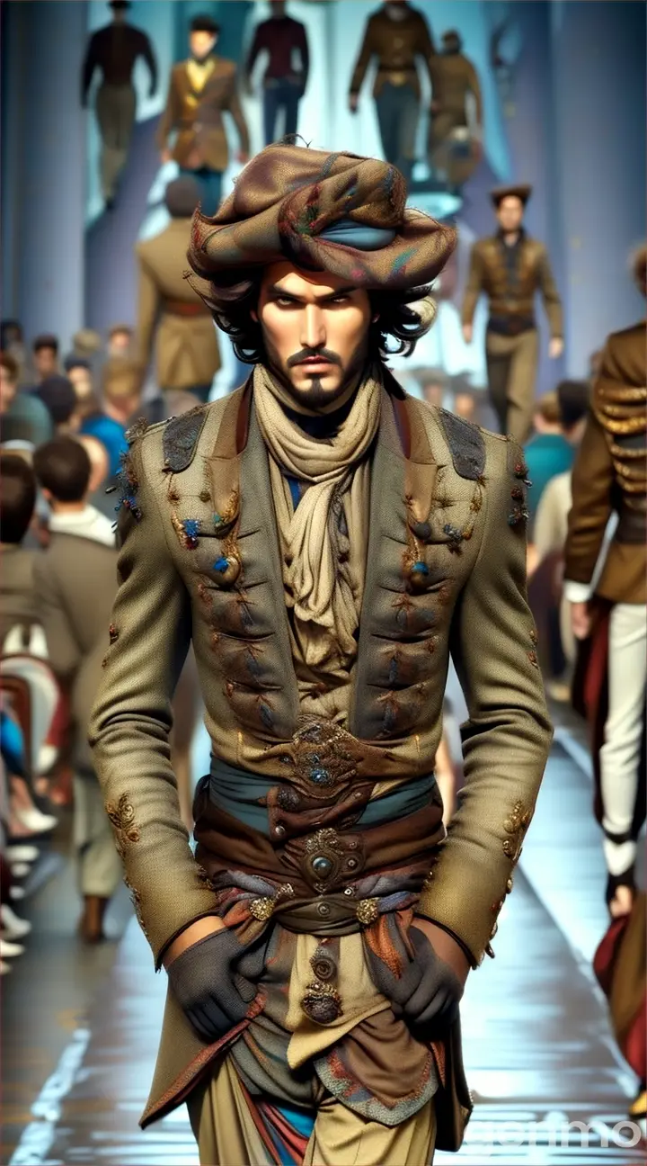 a man in a costume walking down a runway