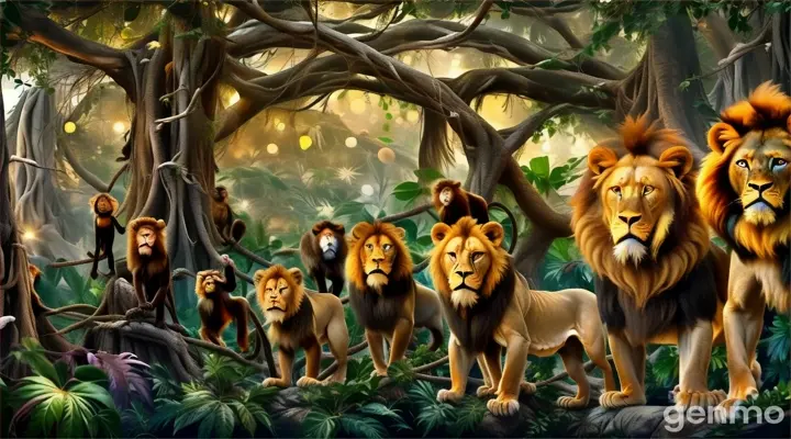 a group of monkeys and lions in a jungle