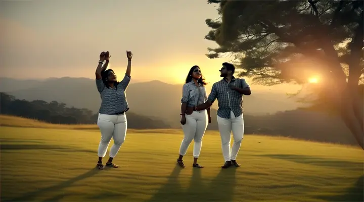  A cinematic ultra-wide shot of a South Indian slim thin body man with messy hair and full sleeve gray with red and white shirt  full sleeve gray jeans pant dancing exuberantly with two wives, first wife south Indian chubby cheeks, fair skin,small red dot on forehead,plus size woman wearing black with white color shirt and wearing Casual Summer Shorts Athletic Gym Shorts Relaxed Fit Running Jogger Shorts with Pockets, second wife south Indian thin body medium fair skin, wearing churidar and white color leggings,surrounded by idyllic scenery on a high slope lawn Deers grazing add to the picturesque setting,  Silhouette of South Indian man dancing with wives against a stunning sunset backdrop on a high slope lawn with deer grazing