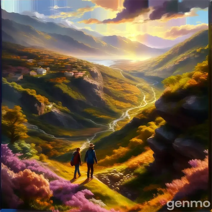 a painting of two people walking down a hill