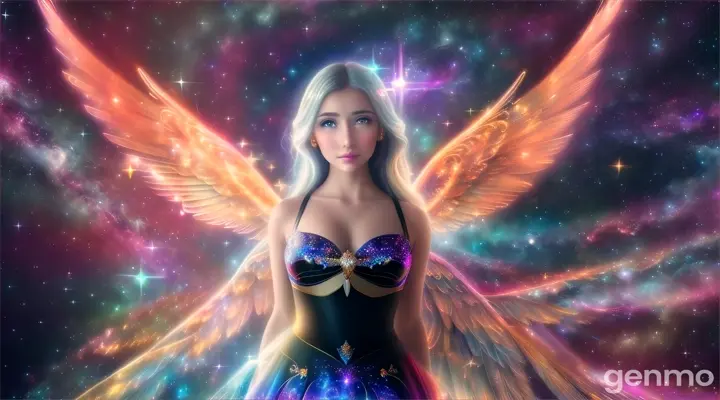 The Beauty Angel soaring through a cosmic world filled with swirling galaxies and vibrant nebulae - Her wings leave trails of light as she moves through the stars, with the divine glow enhancing the otherworldly atmosphere. Hyper real, Photo realistic, Hyper-detailed, cinematic, 16:9, Ultra 8K, Hyper-detailed.