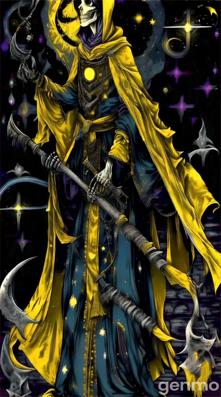 a skeleton in a yellow robe holding a broom no modificade the size only animate it imagen  