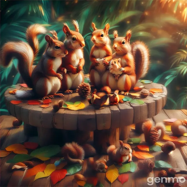 a group of squirrels sitting on top of a wooden table