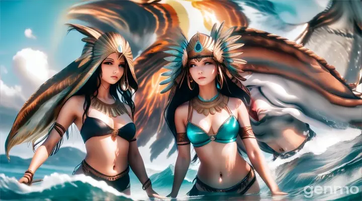 two beautiful women in  standing in the ocean