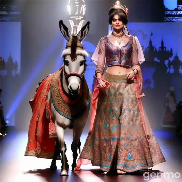 A girl walking on runway stage with donkey। Donkey wear king cloth and girl wear lehenga। 