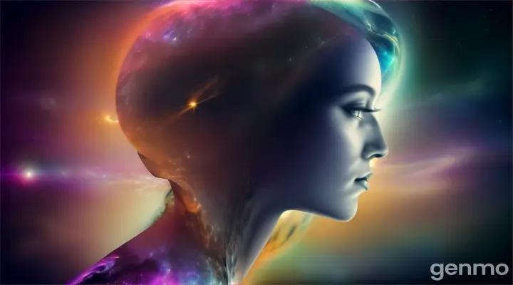A multidimensional artwork featuring a double-exposure blend of a woman's silhouette, space, & stormy elements. Darkness & light intertwine, creating a mystical ethereal atmosphere. Fractal patterns & paranormal occurrences are scattered throughout the piece, with a touch of otherworldly mystery, the colors are giving off an incandescent glow.'pod v50' The artwork appears to be shattered, revealing the hidden layers within, it stands still capturing the viewer's attention with its intricate detail & celestial beauty, UHD 32K HD HDR realistic macro photography masterpiece