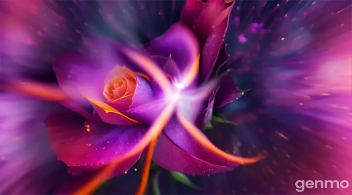 Intense rose petals against a starry night sky a vibrant purple and pink rose with fiery petals against a moonlight sky background, capturing the dramatic and intense beauty of the flower and subtitle ink art explosion 