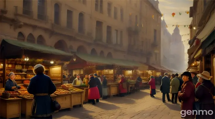 A scene showing a group of people in the marketplace, whispering and looking towards the horizon with hope, as word of miracles spreads throughout the land.