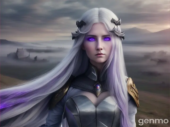 A beautiful goddess of warfare with long straight white-grey hair & violet eyes, a spirit of warfare, ghostly, ethereal, otherworldly, battlefield (landscape)