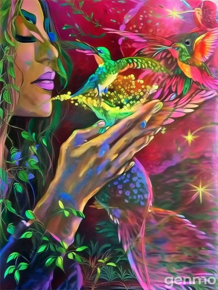 a painting of a woman holding a humming bird