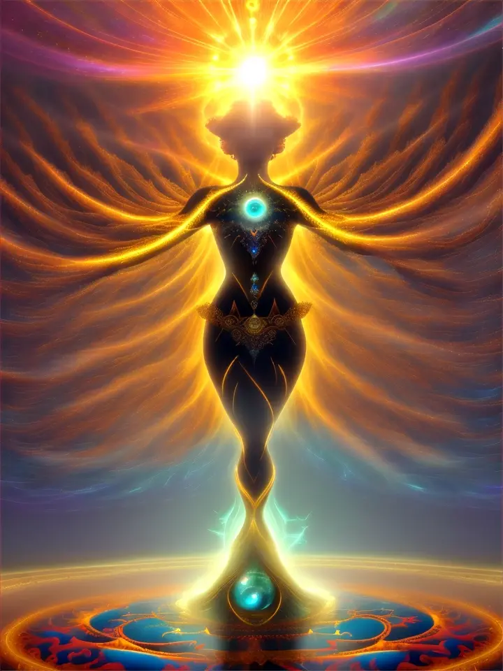 Ornate-garbed mythical beings dance in the vast cosmic space along the solar symphony of solar phenomenon emanated by giant active heavily flaring sun, intimidating, magnificent, otherworldly, suave, spectacle, breath taking, speechless, visual harmony, impressive, cosmic scale, cosmos, whole body, Broken Glass effect, no background, stunning, something that even doesn't exist, mythical being, energy, molecular, textures, iridescent and luminescent scales, breathtaking beauty, pure perfection, divine presence, unforgettable, impressive, breathtaking beauty, Volumetric light, auras, rays, vivid colors reflects