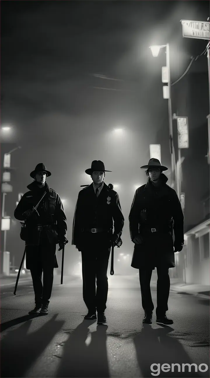 **Prompt 6:** A group of neighborhood men patrolling the streets at night with makeshift weapons like sticks and flashlights. Their expressions are serious and tense as they walk through the dark, determined to protect their homes from the rumored witch.