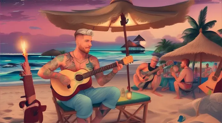 love island:Cornel (white man tatoo character)*Beach Party**: Nighttime, Cornel tries to play a ukulele or bongos, disturbing the peace.