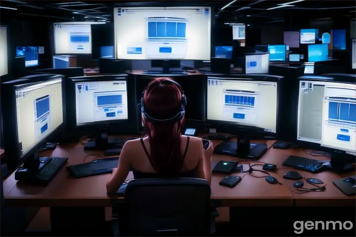 a woman sitting at a desk with multiple computer screens