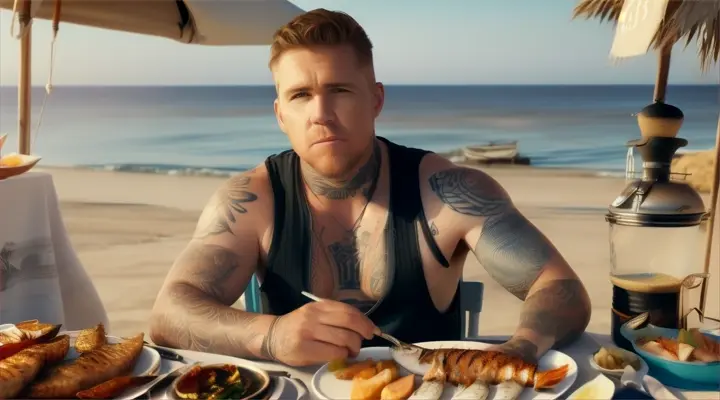 love island:Cornel (white man tatoo character)
**Beach BBQ**: Cornel eating a grilled fish, looking unimpressed.