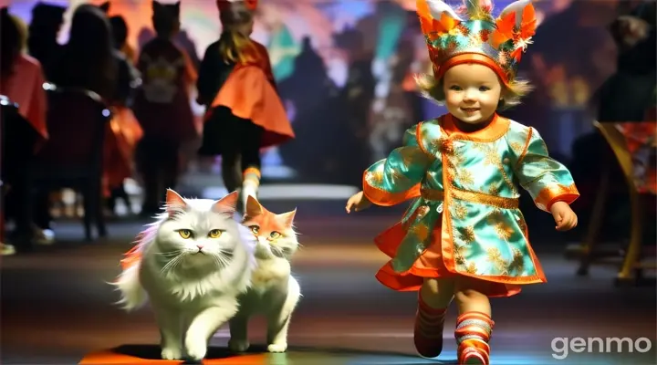 A little girl walking down a vibrant, glowing path through and enchanted forest of bright colors with a mystical cat strolling along beside her