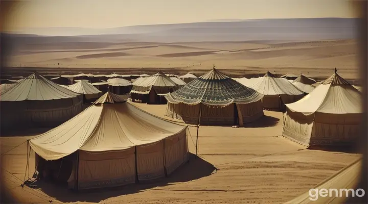 an ancient Hebrew nomadic tribe of 30 people mingling about a village of large tents