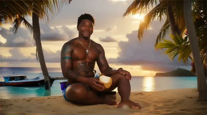 love island:Cornel(white man tatoo character)
**Cornel Routine**: A day in Cornel life, from morning coconut gathering to evening storytelling.