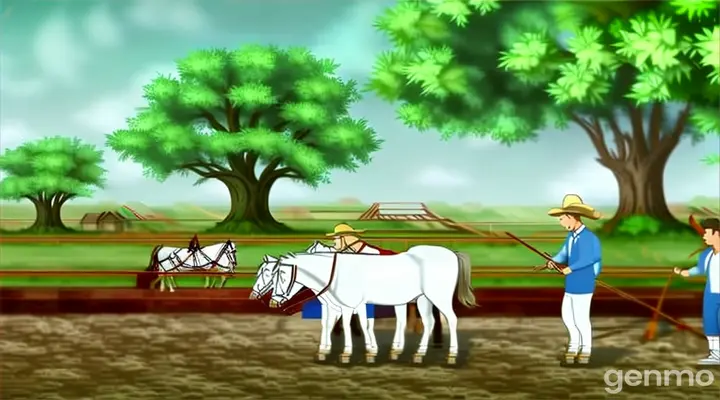 a cartoon of a man plowing a field with two horses