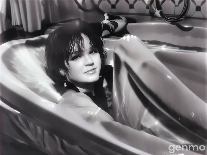 a black and white photo of a woman laying in a bathtub