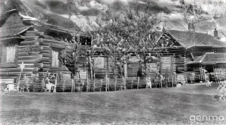 a black and white photo of an old log house