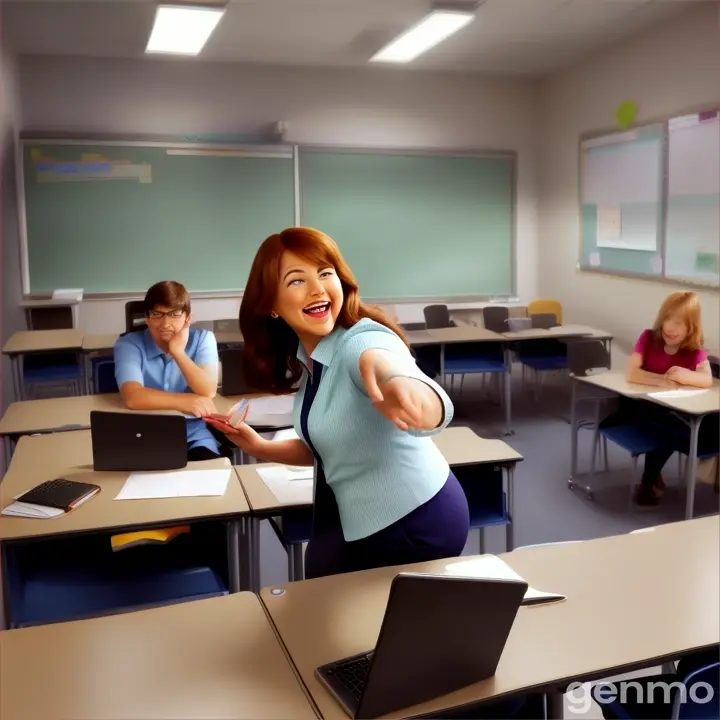 A final repeat of the character entering another new scene, such as a classroom or office, causing laughter all around.