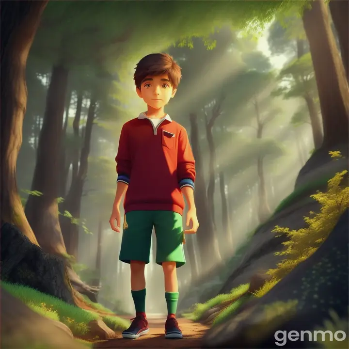 Ali the young 10 years old animated boy dressed in simple clothes standing at the edge of the animated forest, now more confident and revered as the 'Protector of the Forest.' The glowing stone is in his pocket, and the  animated forest behind him is vibrant and alive."