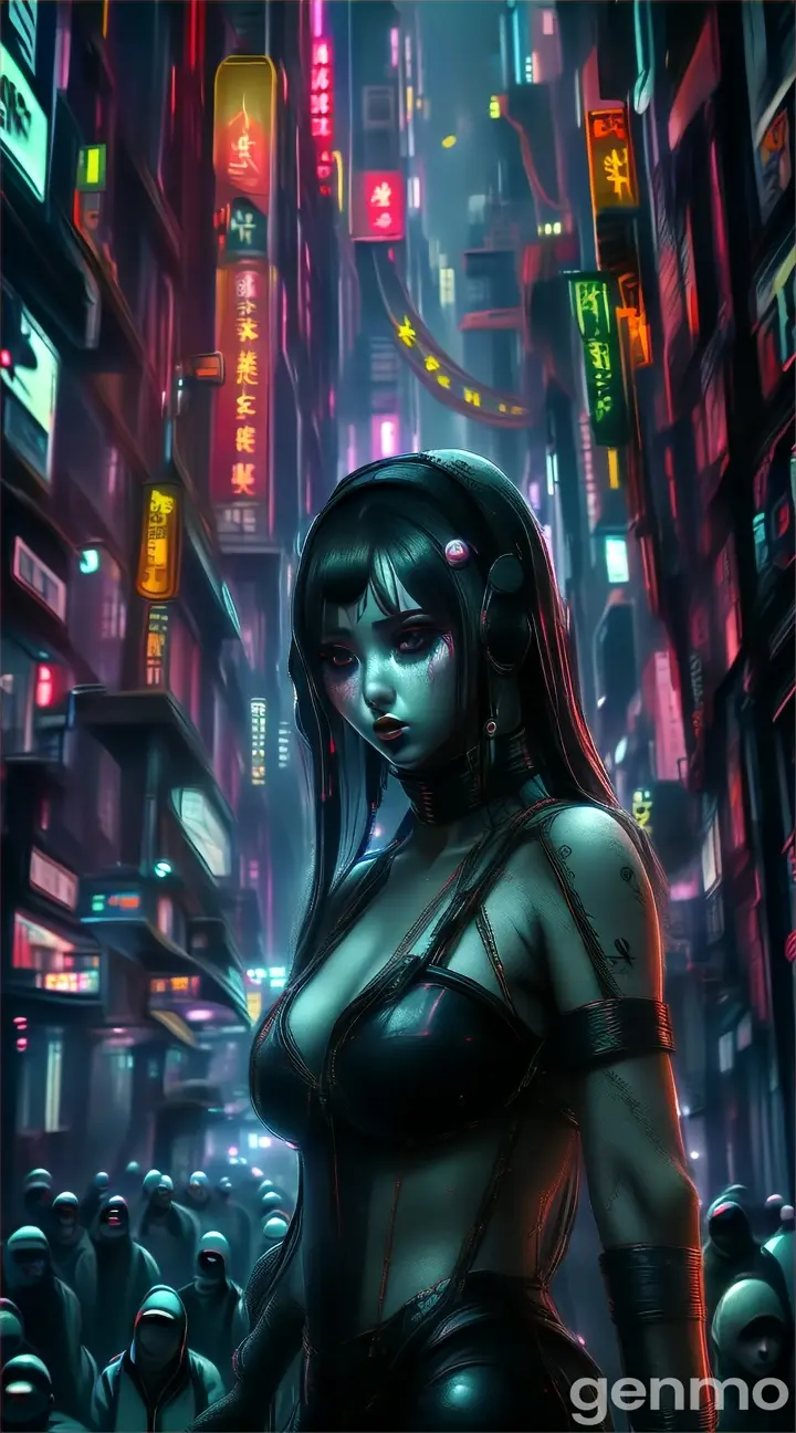 A futuristic alley with neon lights and a woman in a reflective raincoat