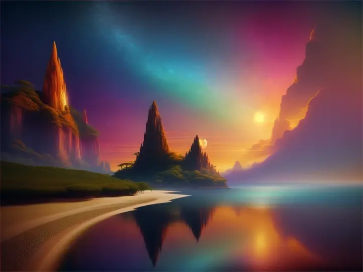 Fantasy landscape showcasing an imaginary tropical wonderland under a star-studded sky with a towering celestial body looming, casting an ethereal glow, high dynamic range imaging, vivid colors, digital painting, ultra fine details, dramatic lighting, golden ratio composition, breathtaking surreal masterpiece.