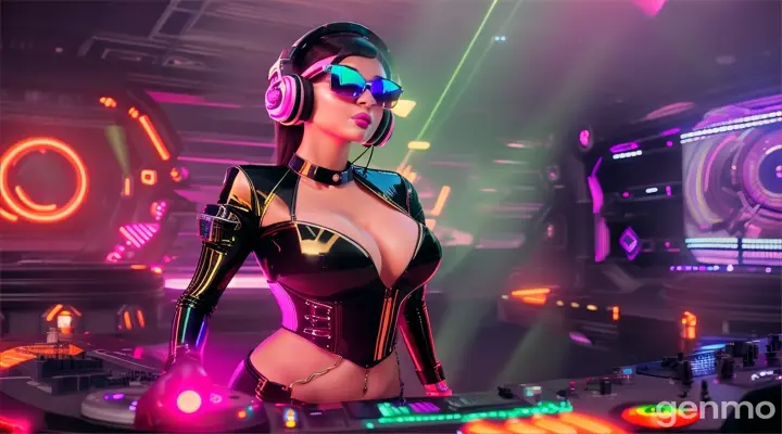 A slender woman with a bigger bust than usual in steampunk sunglasses, shiny headphones and a low-cut latex swimsuit stands near a DJ's mixing console and an electric piano in a steampunk club. A minimum of clothes. Laser beams of bright colors on the background of large television screens. “An FPV drone shot”