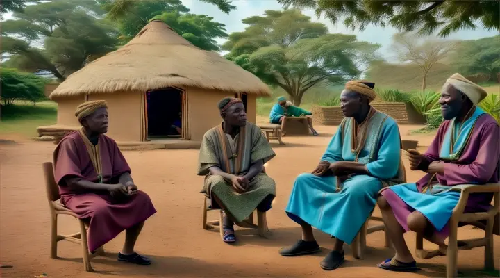 a group of people sitting around a small hut