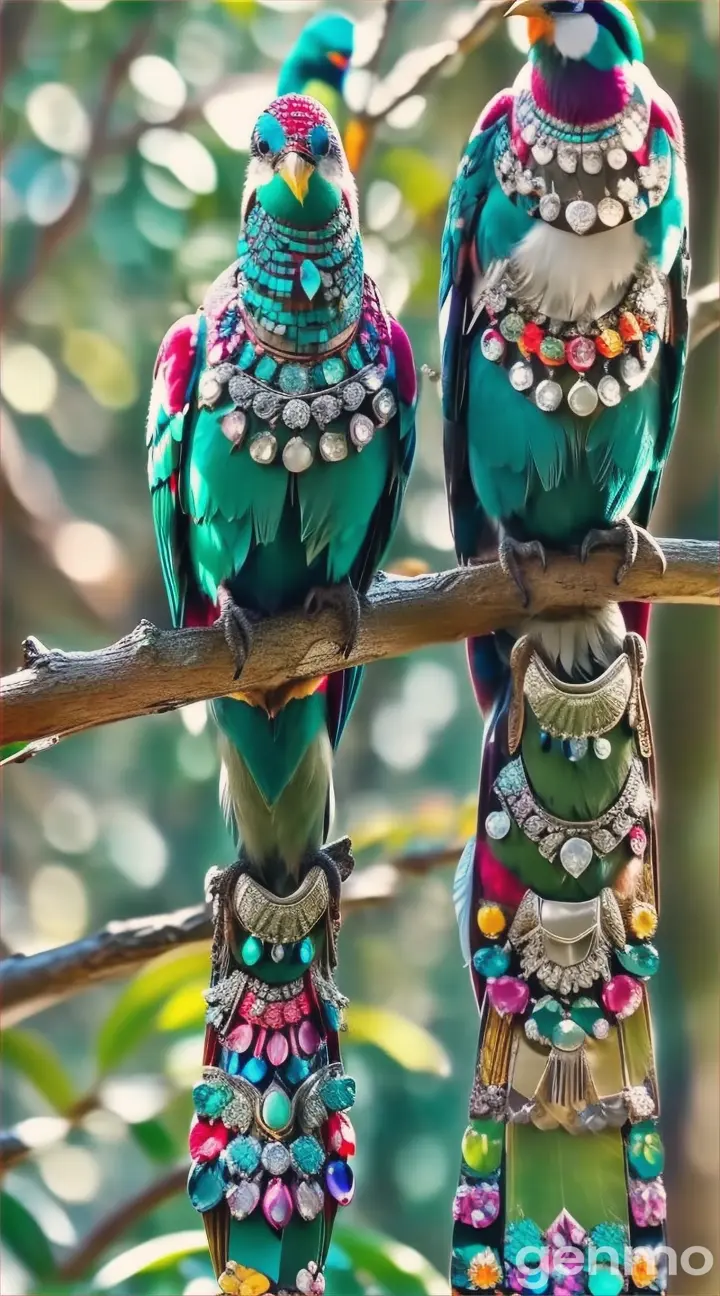 two colorful birds are wearing beautiful diamond necklace blue green red yellow colour and perched on a branch