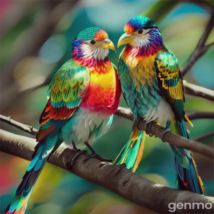 two colorful birds are wearing beautiful diamond necklace blue green red yellow colour and perched on a branch