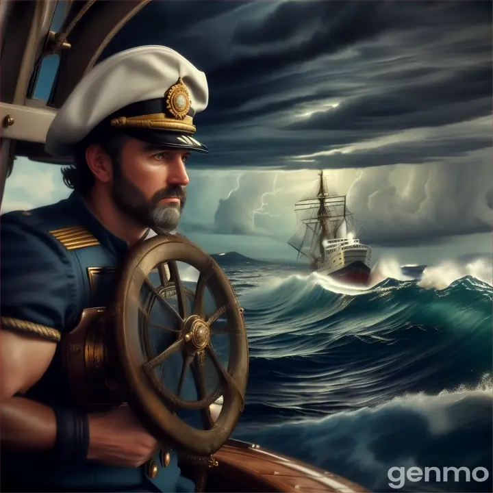 Капитан держит штурвал коробля. На море шторм. Гипемега реалистичный  портрет. Кинематографическое видео. 