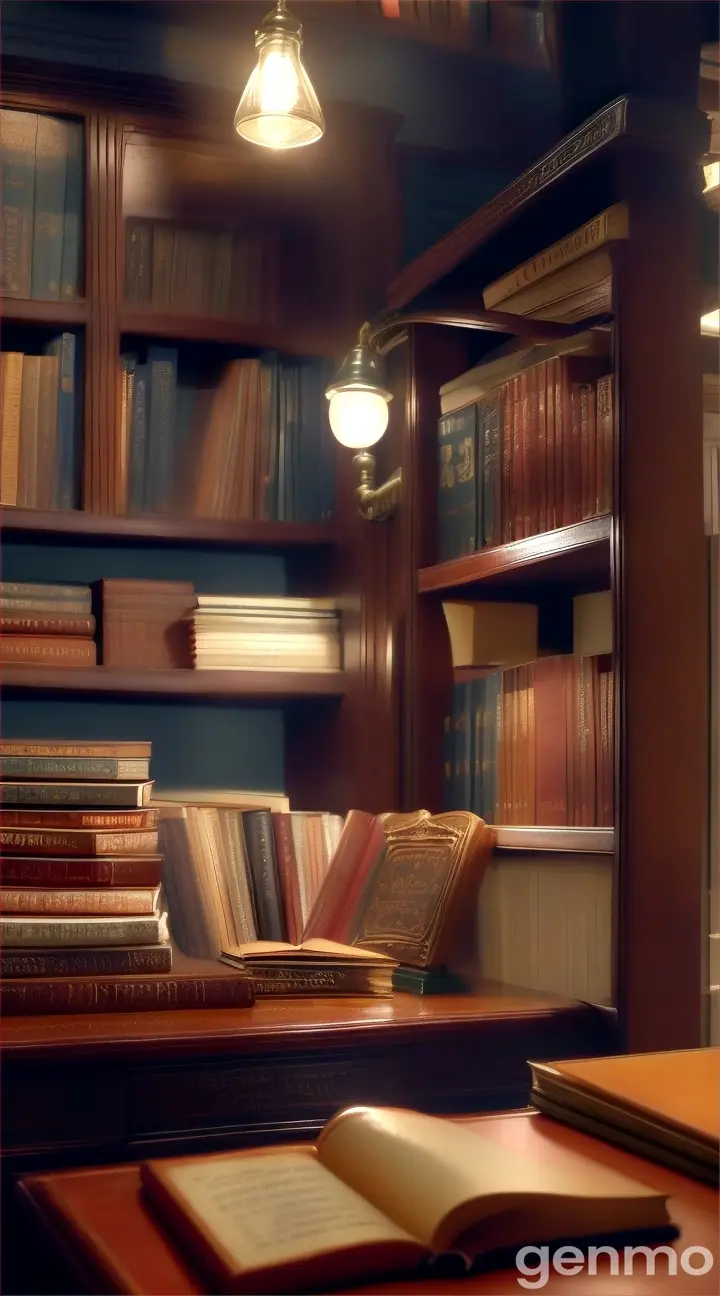 A student typing at a desk in a cozy vintage bookstore, surrounded by books and warm lighting