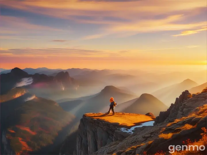 Boy  and golden sunrise light cover the mountains