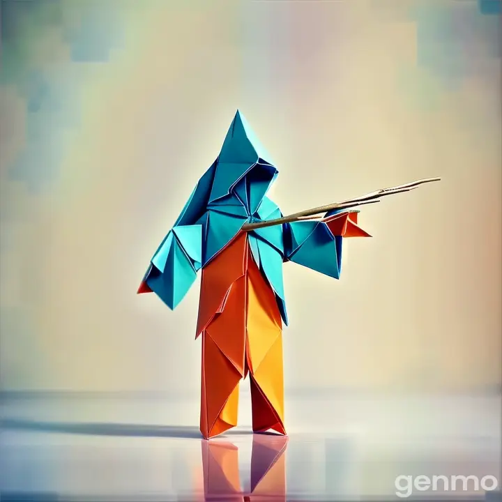 an origami figure holding a stick